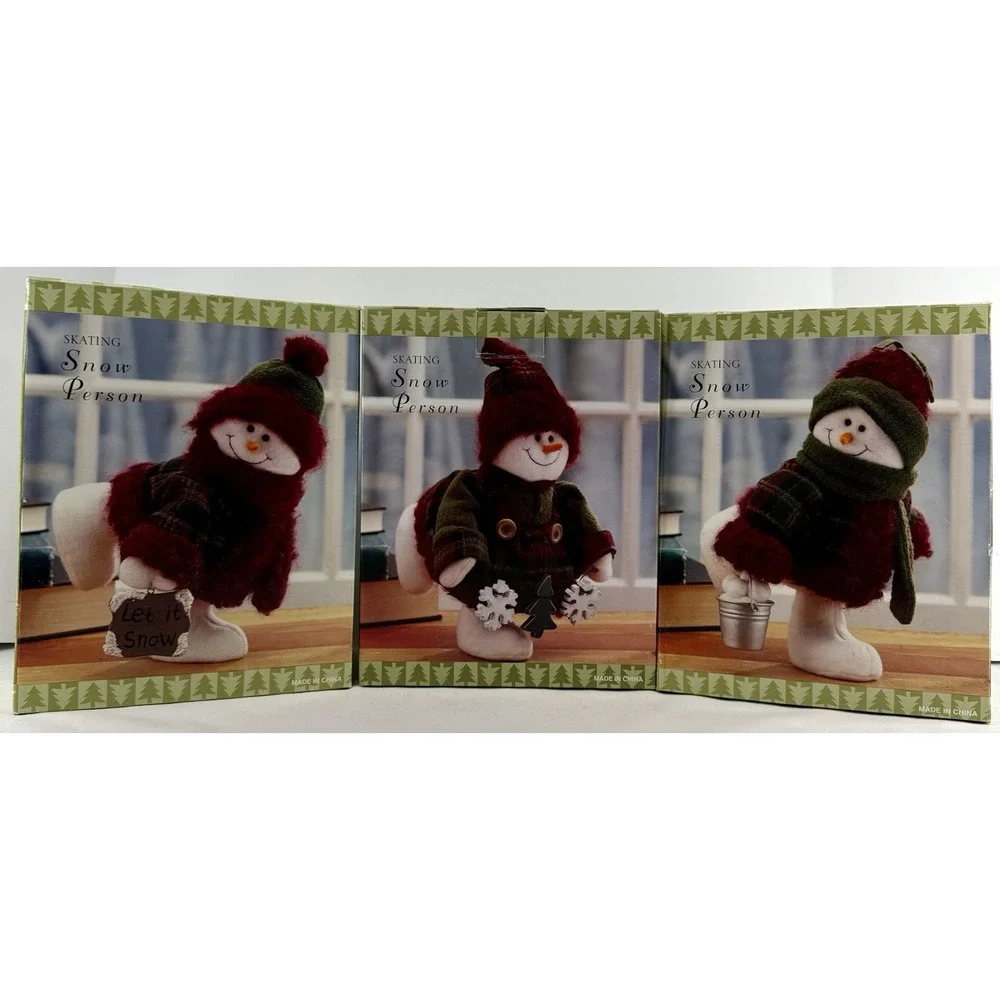 Lot of 3 Skating Snow Person Plush Decor Figures Bucket Sign Garland Skates 9.5